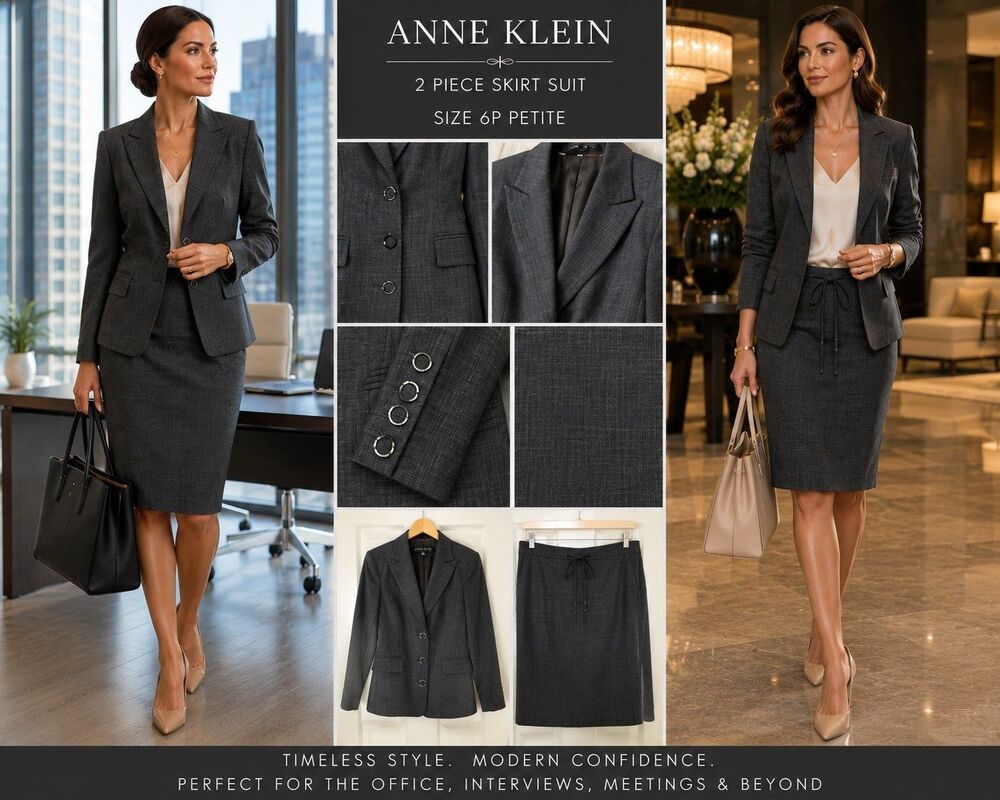 Anne Klein 2 Pc Women Skirt Suit Set 6P  Gray Career Office Business Petite Chic